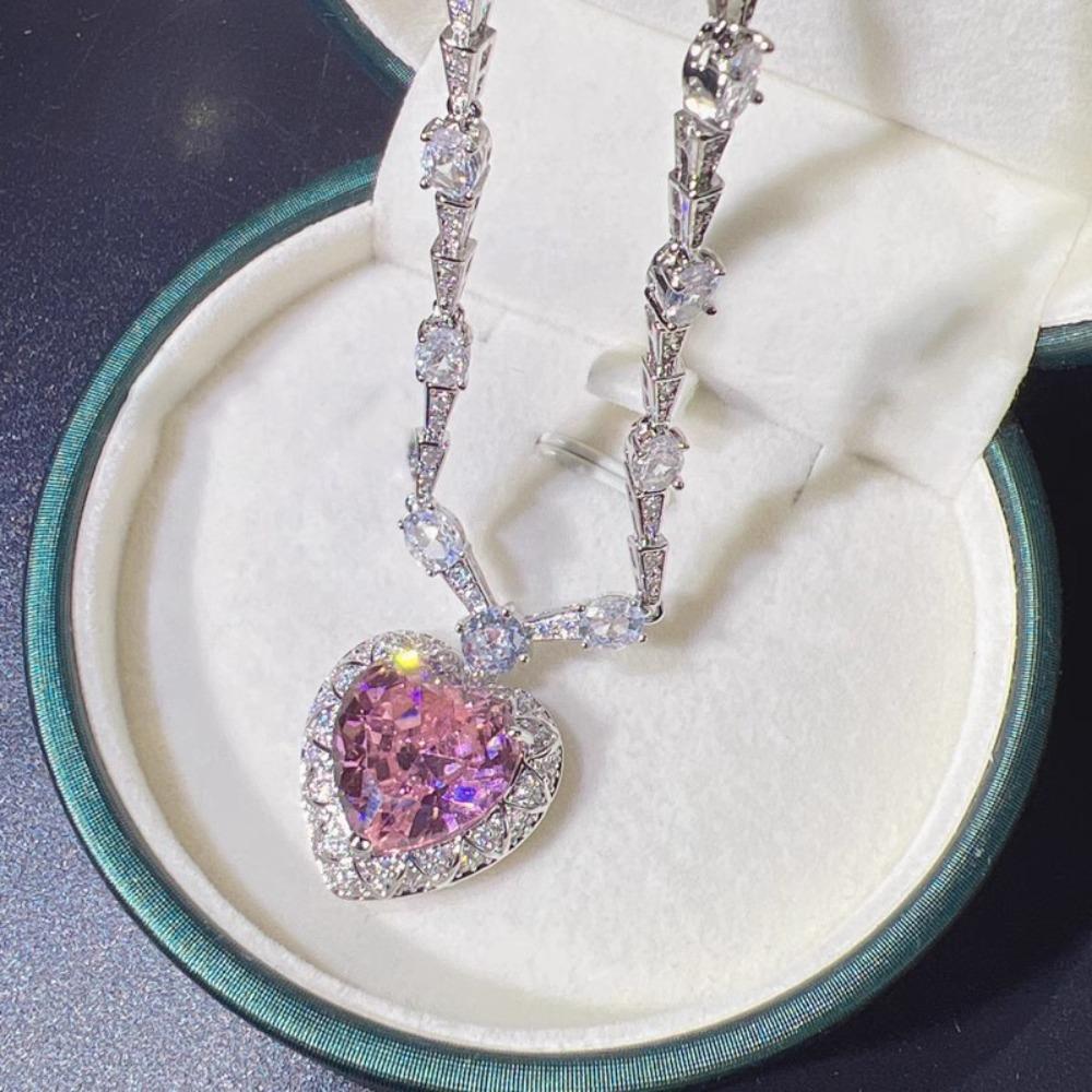 Elegant Pink Heart Zircon Necklace Set with Earring Ring Fashion Jewelry for Women