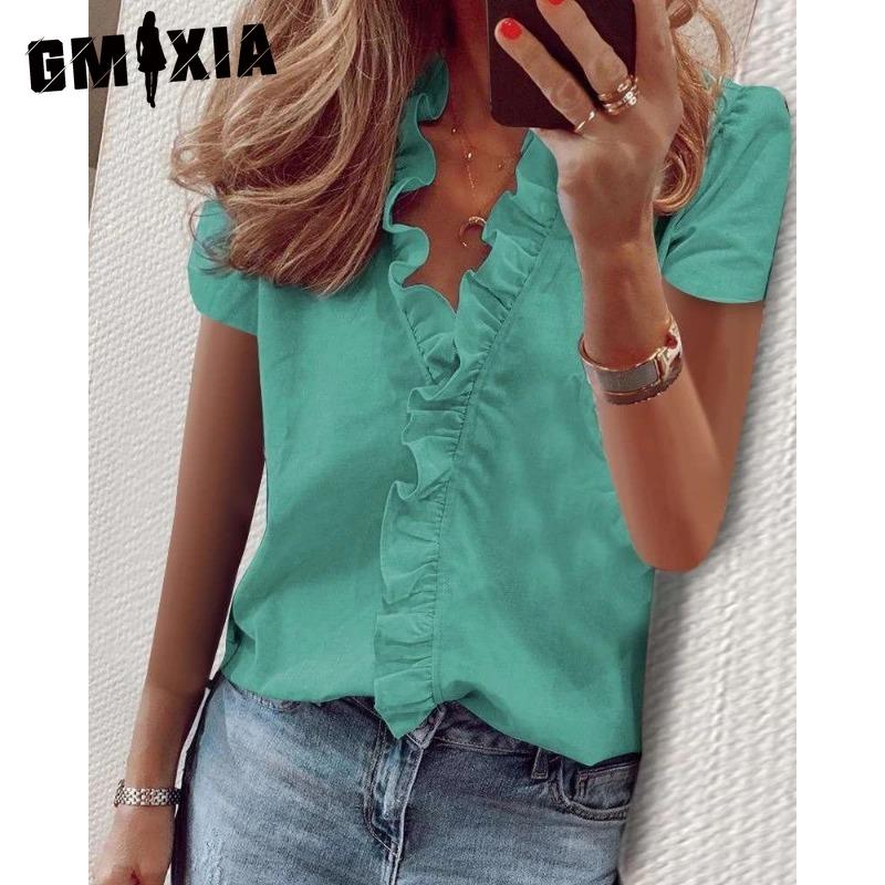 GMXIA Women's Fashion Casual Solid Color Print Short Sleeve V Neck Blouses & Shirts