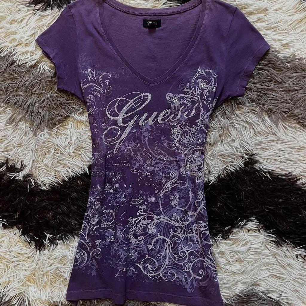 American Vintage Purple Floral V-Neck Short-Sleeve T-Shirt - Retro Spicy Girl Summer Style