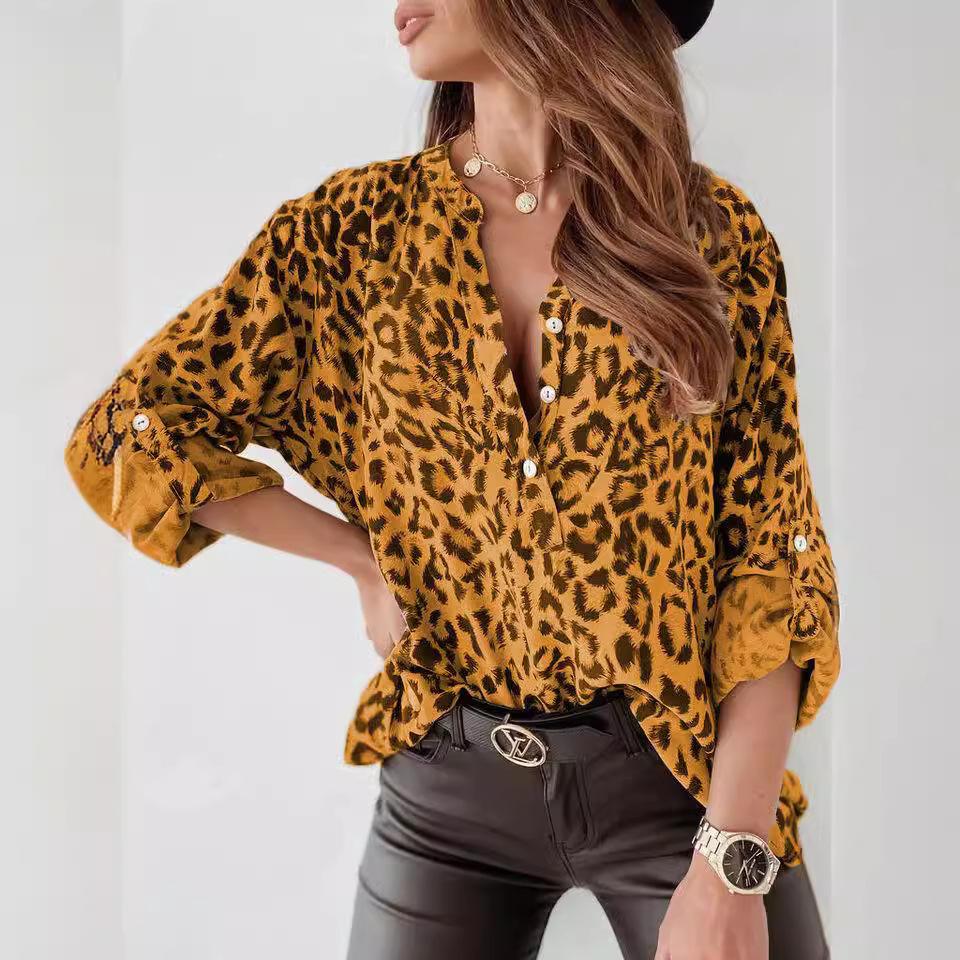 Fashion Leopard Print Women Top Digital Printing Long Sleeve Shirt Loose V Neck Pullover Blouse Bluzas Femeninas Elegantes