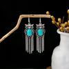 Retro Ethnic Style Turquoise Earrings, Hollow Ring Flower Fringed Earrings, Owl Water Drop Earrings.