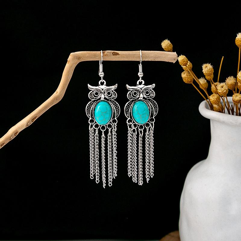Retro Ethnic Style Turquoise Earrings, Hollow Ring Flower Fringed Earrings, Owl Water Drop Earrings.
