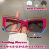 Women's Large Frame Pochromic Reading Glasses Retro Anti-blue Light Eyewear Polygon Color Blocked Presbyopia Eyeglasses+2.0