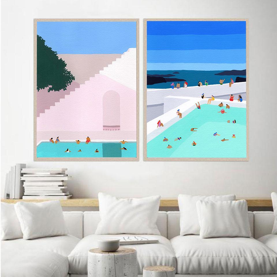 Greece Travel Poster Minimalist Swimming Pool Art Print Nordic Canvas Painting Modern Santorini Wall Picture Bedroom Home Decor