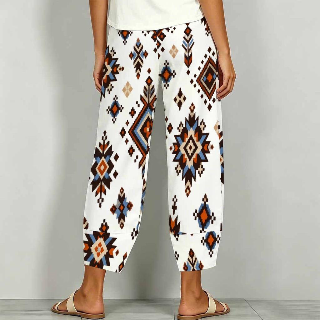Women Plus Size Loose Fit White Blue Floral Printed Cross Hem Cropped Pants With Pockets