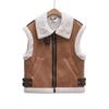 Womens Retro Faux Suede Fur Lined Zip Up Vest Jacket Street Style Warm Outerwear