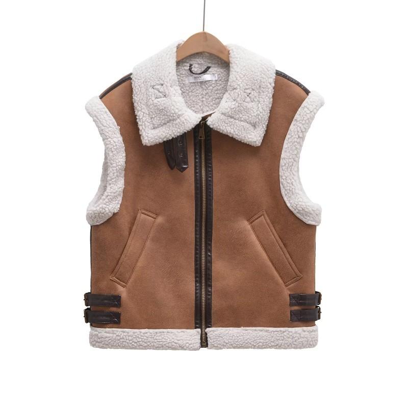 Womens Retro Faux Suede Fur Lined Zip Up Vest Jacket Street Style Warm Outerwear