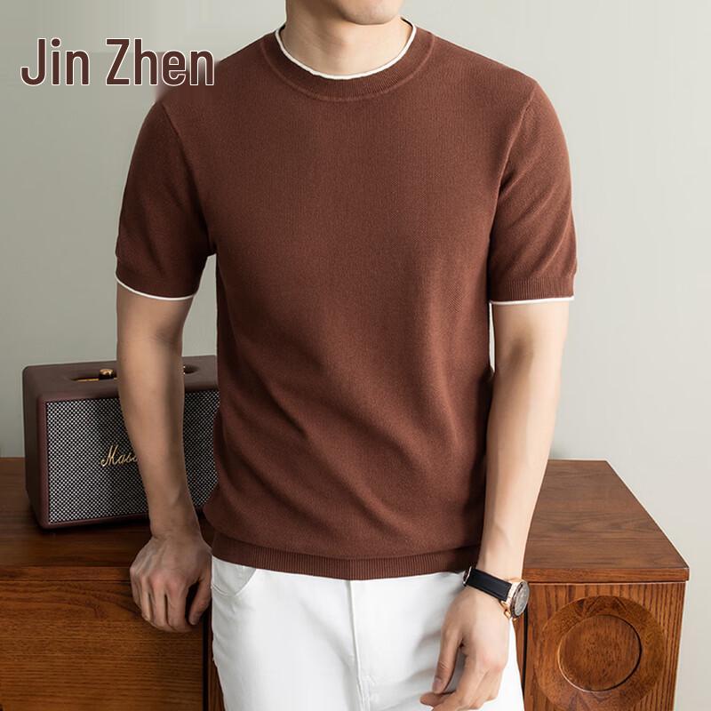 Jinjv Men s Summer Heavyweight Pure Cotton Crew Neck Knit T-Shirt 3XL