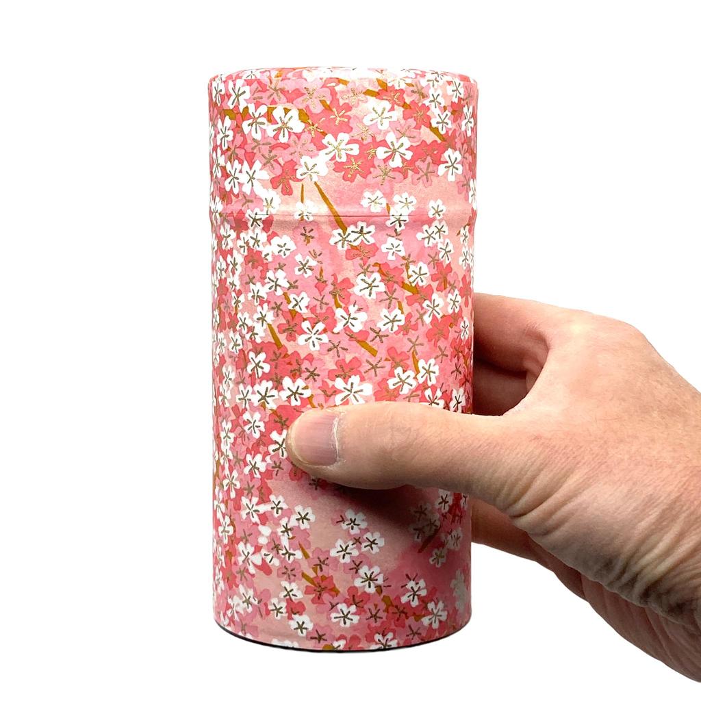 Noguchi Kumataro Tea Garden Tea Caddy, Large Capacity 200g, Yuzen Washi Paper with Inner Lid, Cherry Blossom Pink, Made In Japan, Stylish