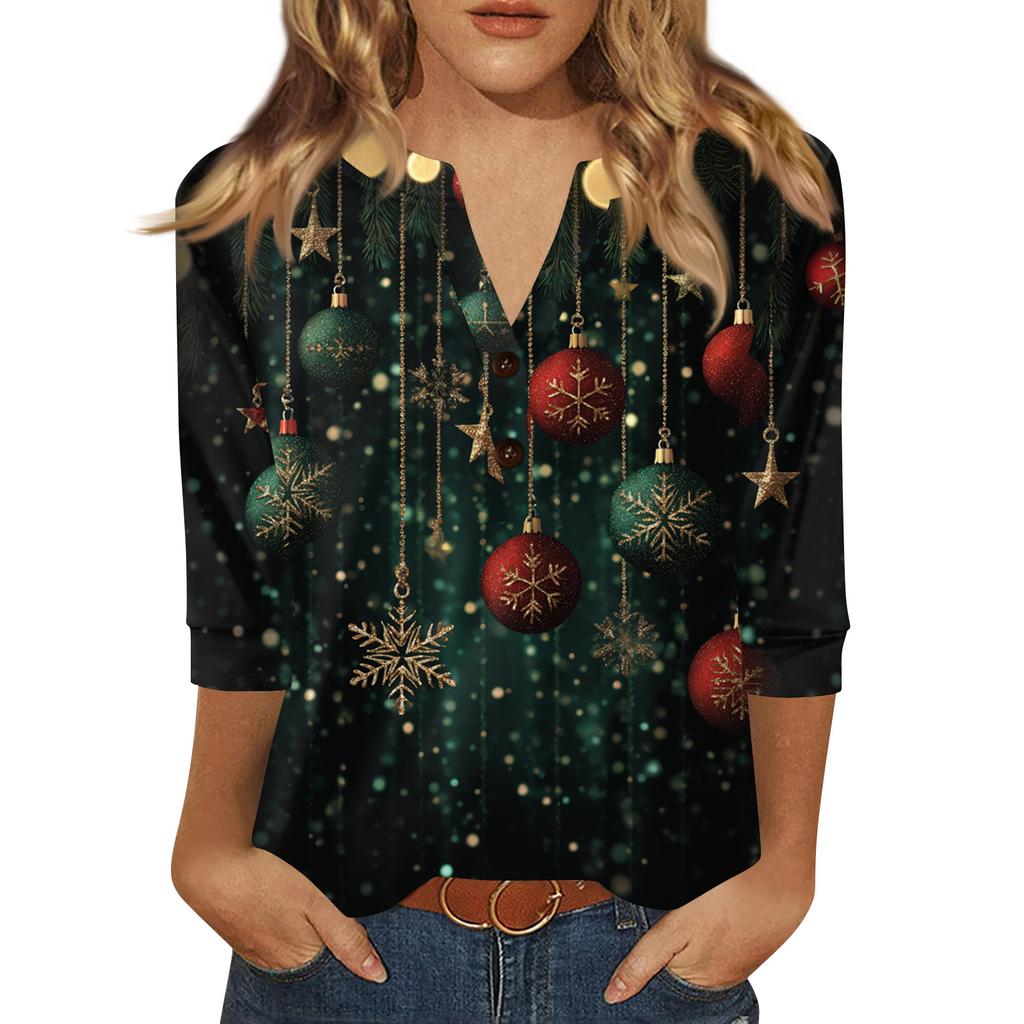 Women's T Shirt Print Button 3/4 Sleeve Daily Weekend Fashion Basic V- Neck Regular Top