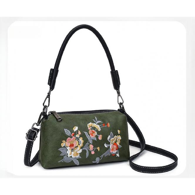 Damen Vintage Blumen Stickerei PU Leder Umhängetasche Kleine Handtasche Schultertasche Verstellbarer Riemen Lässige Tägliche Reise Damen Handtaschen