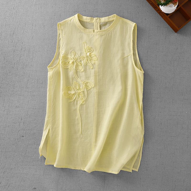 European-Style Floral Embroidered Cotton Linen Sleeveless Top for Women