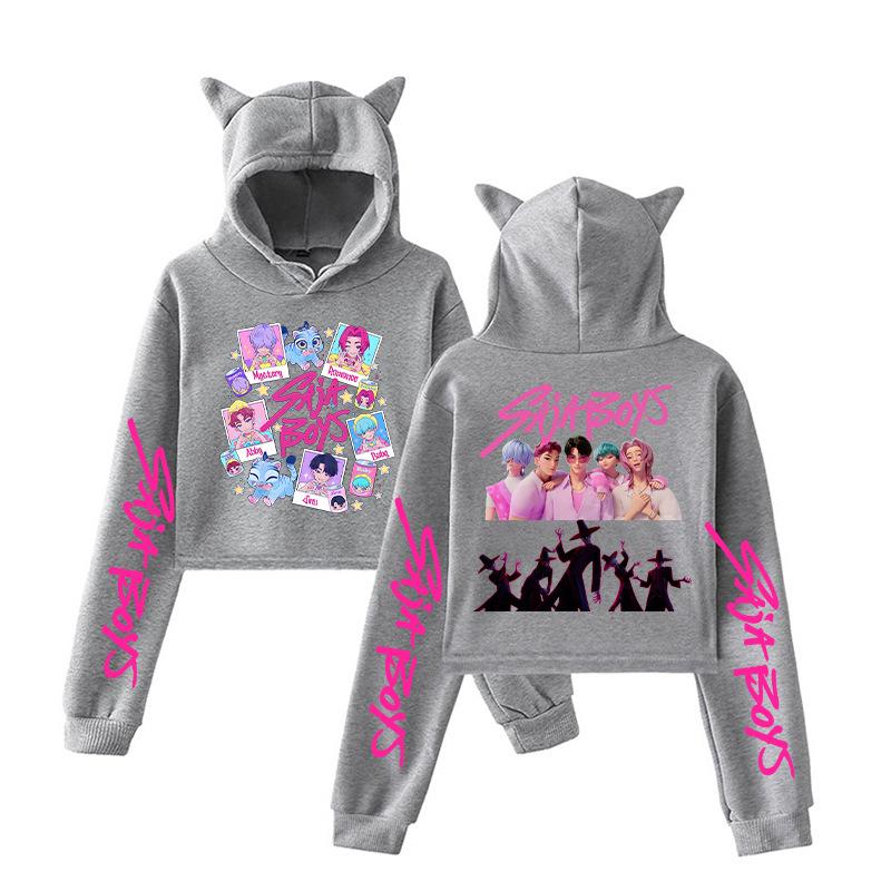 

Аниме K-Pop Охотники на демонов Saja Boys Укороченные топы Толстовка с кошачьими ушками С длинным рукавом Модная толстовка для девочек XXS серый
