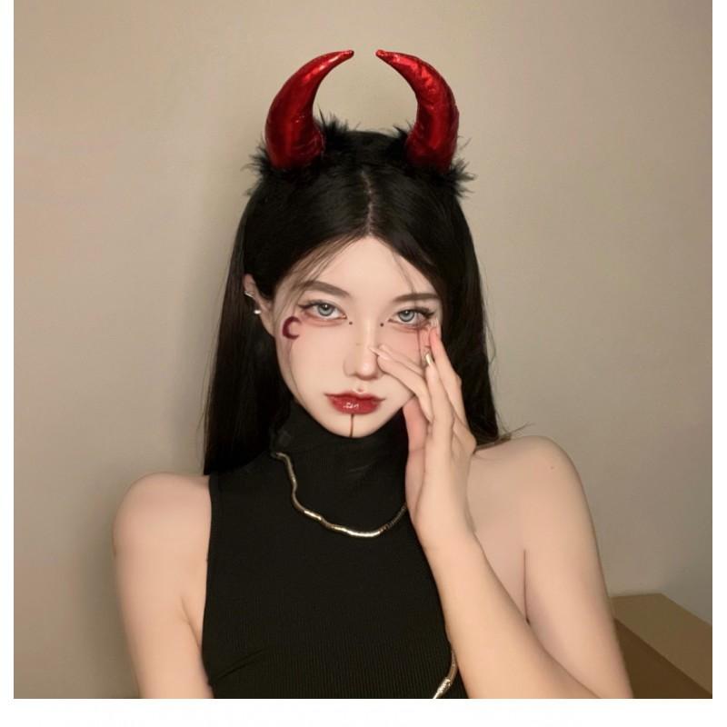Halloween Headband With Devil Horns Elf Ears Women - Black Red Alloy Costume Accessory Photoshoot Party