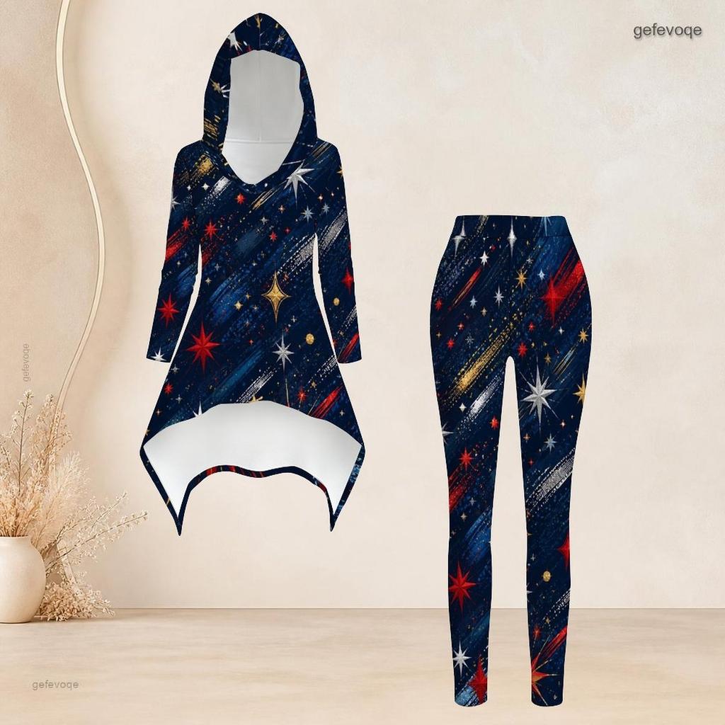 Women Plus Size Hooded Long Sleeve High Low Top Fitted Pants Two Piece White Printed Set
