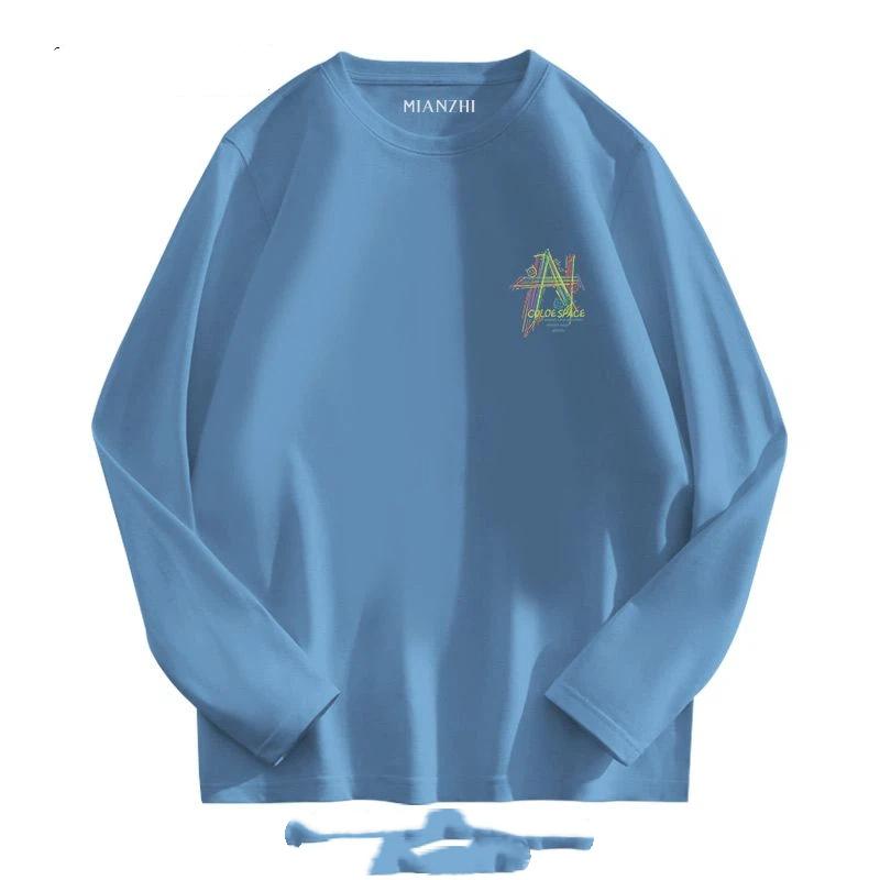 Spring and Autumn Pure Cotton Long-sleeved T-shirts Loose and Versatile Simple Printed Round Neck Tops for Men