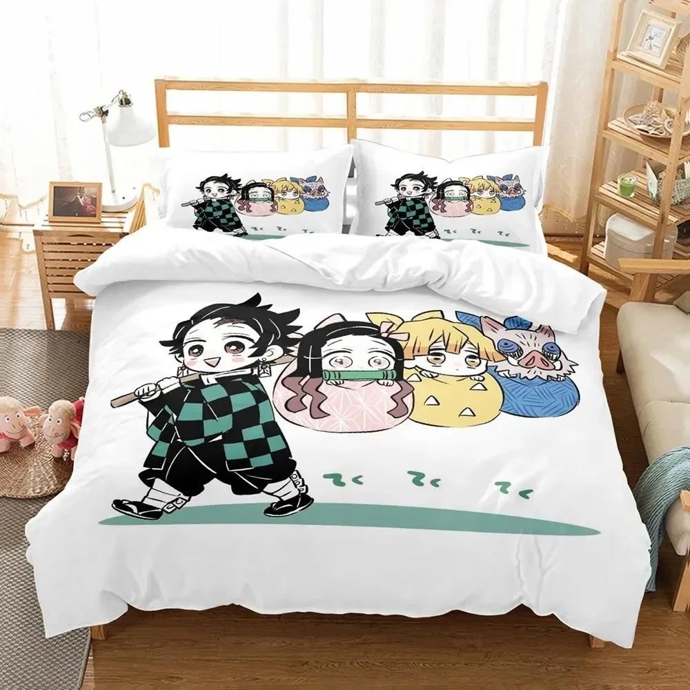 3D Anime Demon Slayer Duvet Cover Sets with Pillow Cover Polyester Teens Kids Bedding Set Full Queen King Size Cartoon Bed Linen