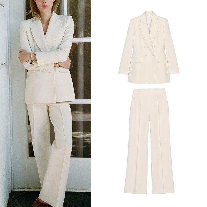 Double Breasted Lapel Long Sleeve Suit Coat 3040135 Stitching Decoration High Waist Casual Trousers 3030135
