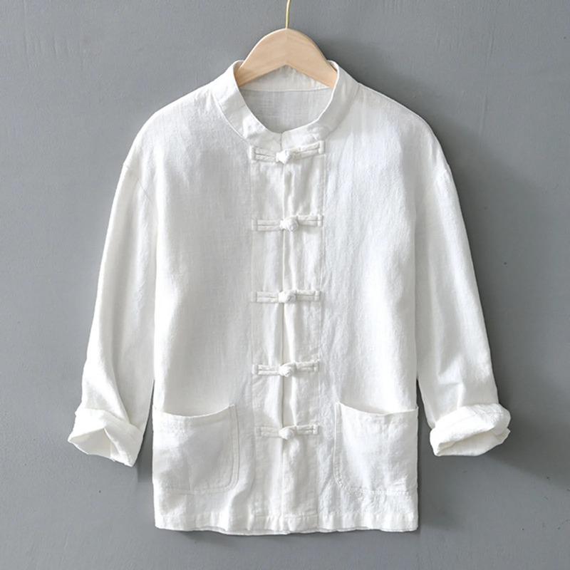 Chinese Style Men s Shirt Soild Color Stand Collar Casual Blouses Chinese Knot Button Long Sleeved Shirts M белый