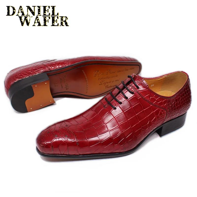 Mode Herren Luxusmarken Schuhe Echtes Leder Schwarz Rot Krokodilmuster Schnürschuhe Spitzzehe Büro Hochzeit Formelles Kleid Oxford Herrenschuhe