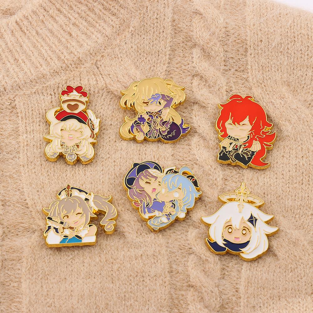 Game Genshin Impact Brooch Diluc Barbara Fischl Klee Paimon Cartoon Character Pins Badge Jewelry Accessories Gift for Fans
