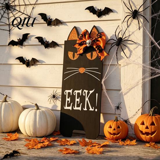 Entryway Halloween Decor Door Sign for Front Door, Wooden Ghost Pumpkin Black Cat Indoor Outdoor Ornaments Hanger Wreath, Rustic Farmhouse Welcome