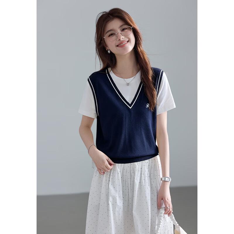 VICTORIA&VERA Women s Faux Vest Spliced Knit Top L темно-синий