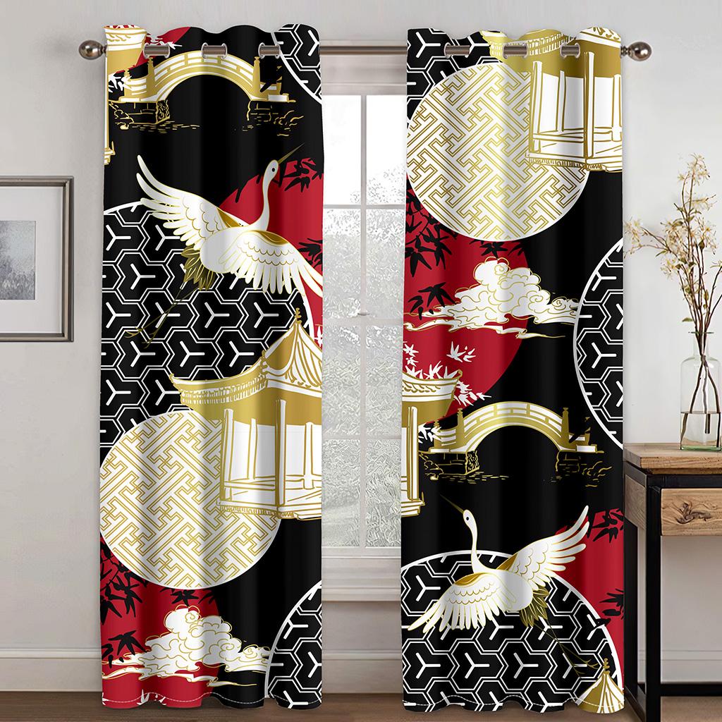 3D Japanese Style Window Treatments Chinese Red-crowned Crane Window Curtains for Bedroom Living Room Home Decor Hooks