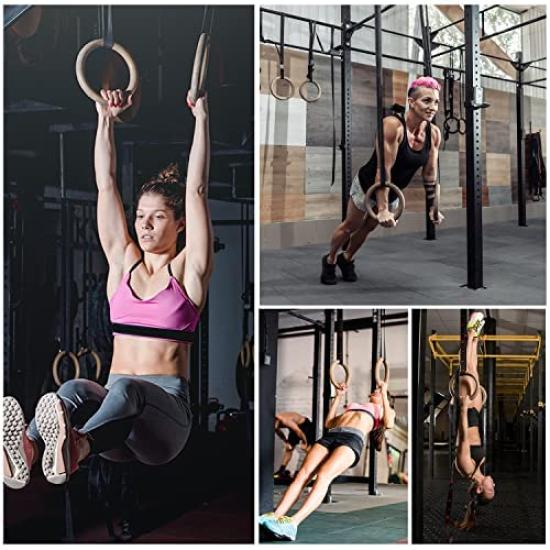 Hanging Wooden Gymnastics Hanging Ring Olympic Gymnastics Ring Adjustable Long Buckle Strap Training for Home Gym Fitness Perfect for Your Muscle Pull