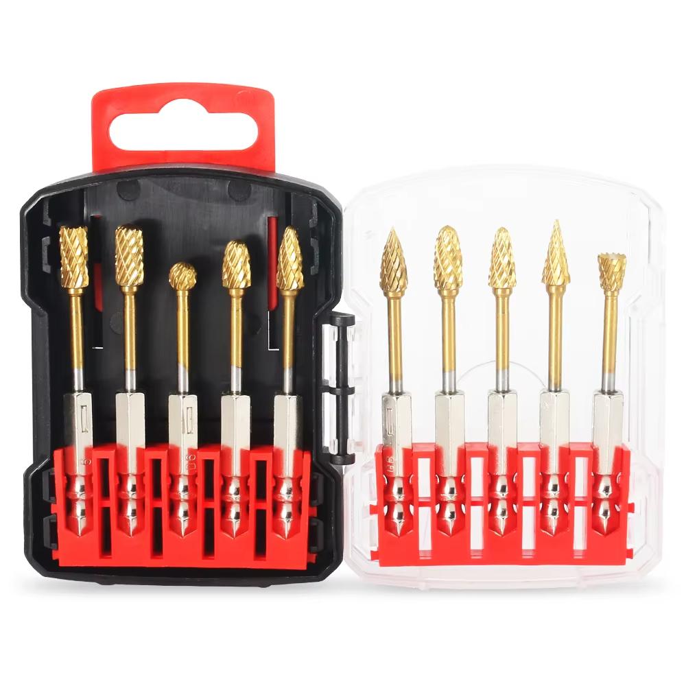 Tungstens Carbide Burr Set Hex 1 4 Inch Titanium Coated 10 Piece Rotary File Milling Cutter For Woodworking Metal Stone