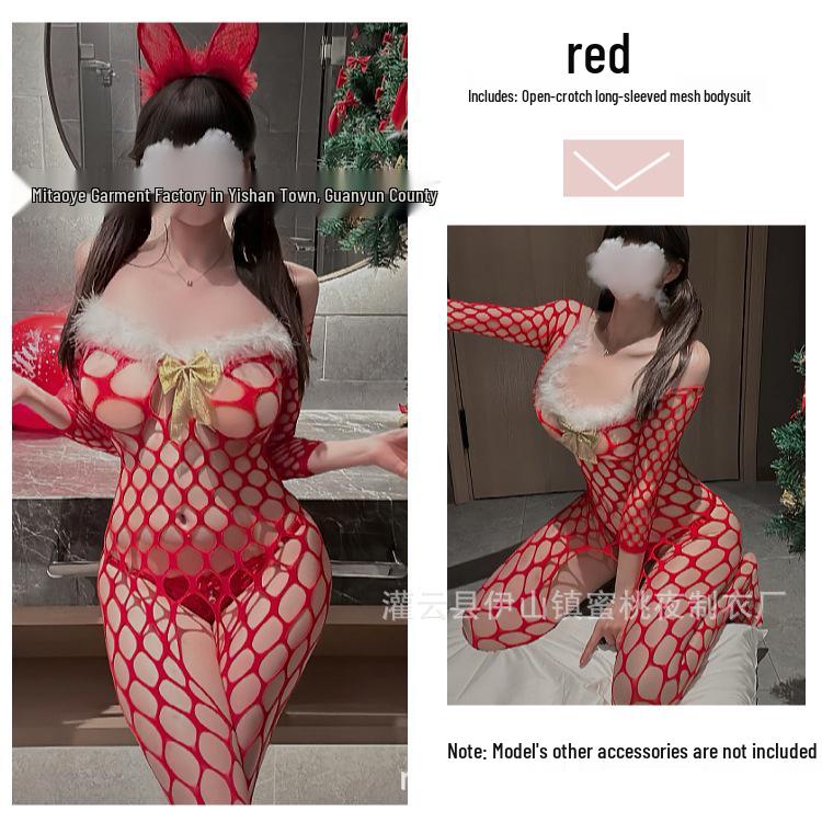 Christmas & New Year See-Through Gold Bow Fishnet Bodystocking with Open Crotch
