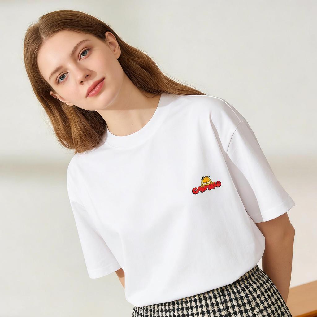 Garfield Small Chest Logo Print Short Sleeve T-Shirt, American Minimalist Heavyweight Cotton Loose Fit Oversized Couple Top