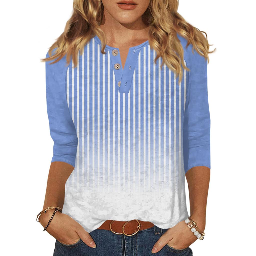 Dámské tričko s potiskem, knoflíky, 3/4 rukávy, pro každý den, na víkend, módní, základní, s výstřihem do V, běžný top