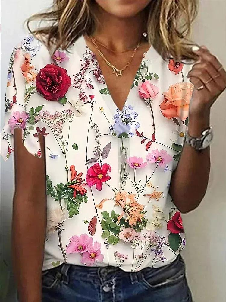 Summer Harajuku Women'S T-Shirt 3d Flowers Print Clothing V-Neck Short Sleeve Tops Fashion Ladies Pullover Oversized Female Tees