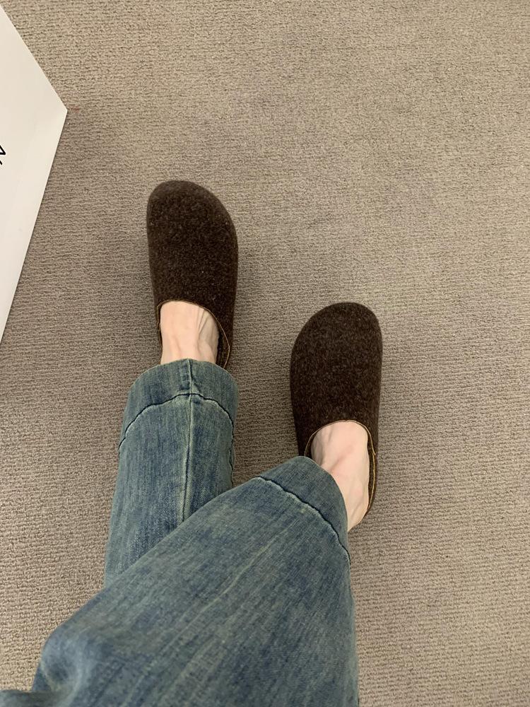 Retro round head felt bag head half slippers wearing cotton shoes lazy one pedal thick-soled velvet Birkenstocks