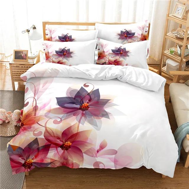 Red Pink Flower Floral Plant Comforter Bedding Set New 3D Print Adult Duvet Cover Sets Bed Linen Gift Queen King Double Size