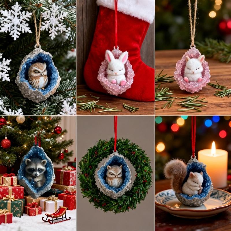Owl And Raccoon Acrylic Christmas Tree Ornament Shatterproof Elegant Holiday Decoration For Family Home Party Supplies