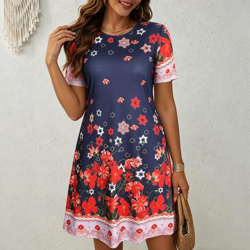 Spring and summer European and American women's clothing new full body ethnic style plant flower printing short sleeve crew neck dress women