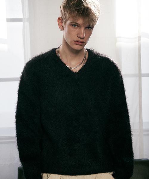 Tener Angora V-Neck Over Knit Black Black/F
