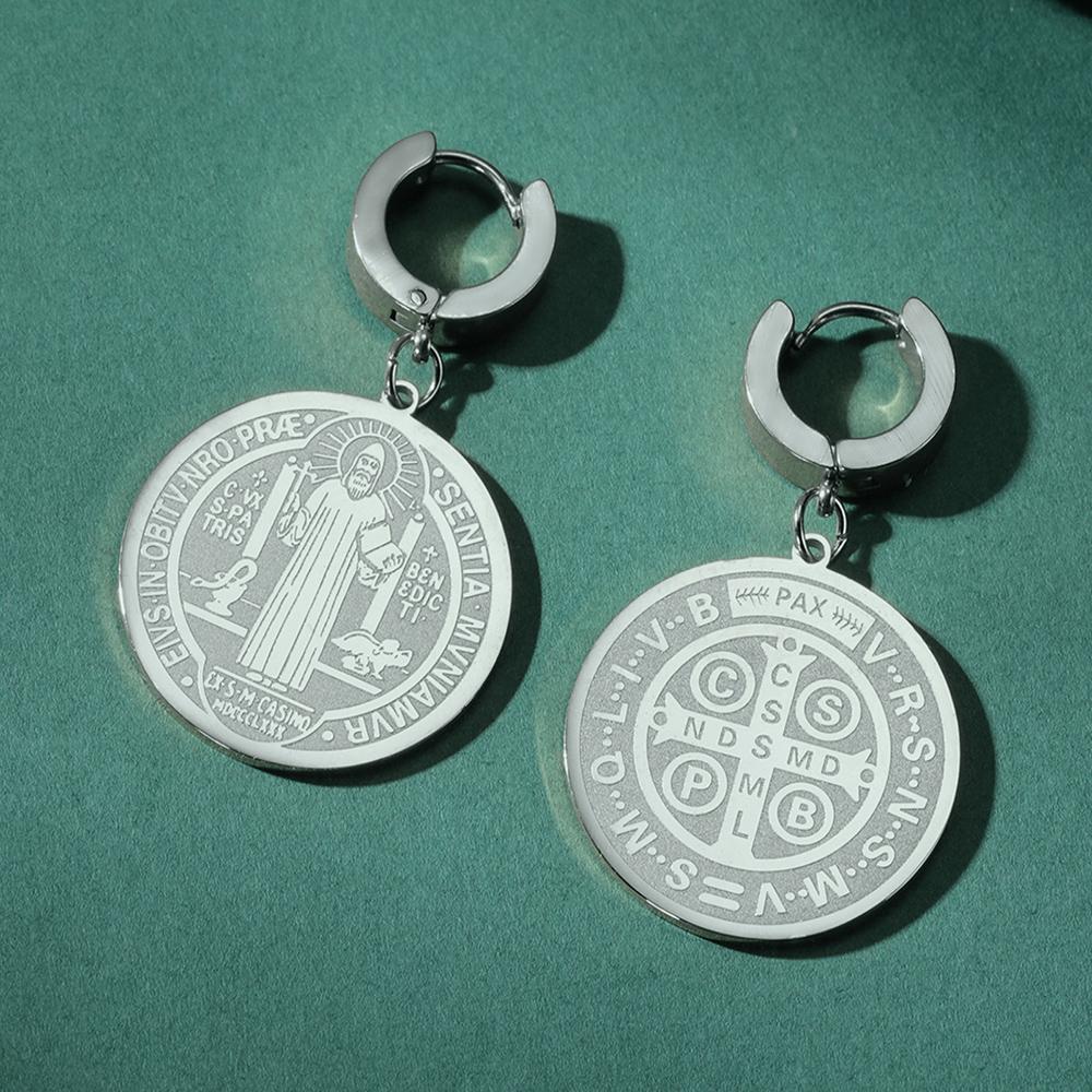 Dawapara Saint Benedict Medal Earrings Double Side Engraved Exorcism Cross Prayer Catholic Amulet Michaelmas Stainless Steel
