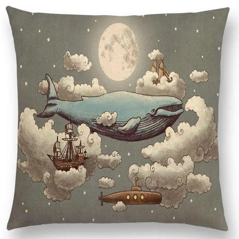 Sofa Throw Pillow Cover Home Decor Cute Little Ghost Sailing Whale Ocean Diver Print Cushion
