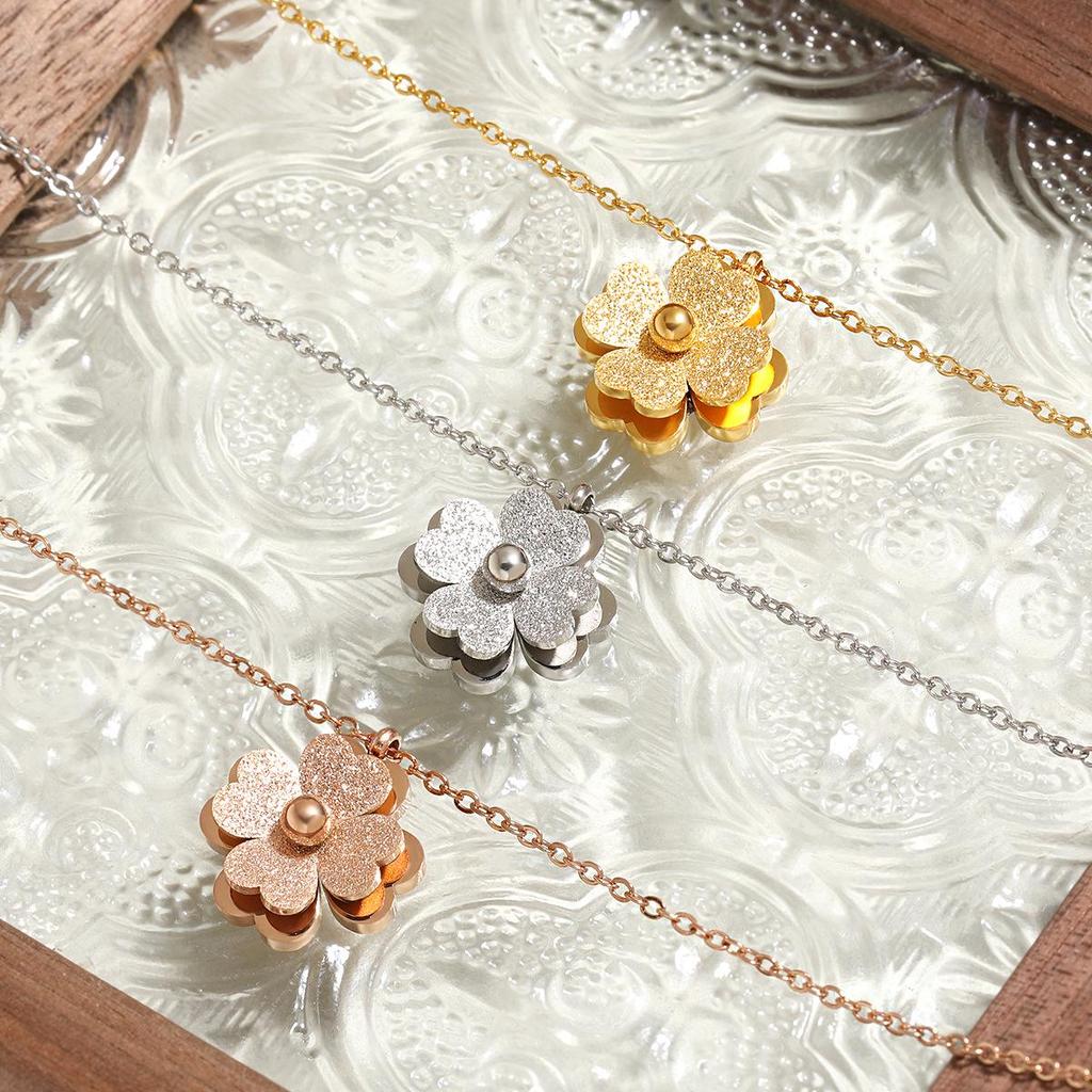 Minimalist Double-Layer Frosted Single-Bead Clover Flower Titanium Steel Necklace for Women