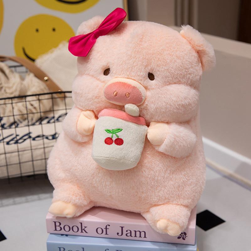 Fruit Tea Milk Hat Bow Pig Plush Toy Animal Stuffed Doll Decoration Kids Gift
