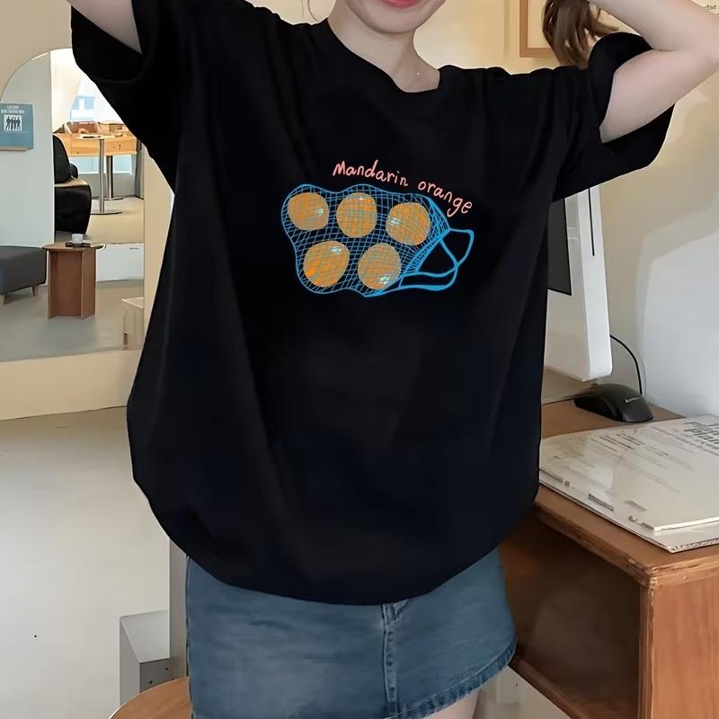 Mandarin Orange Mesh Bag Graphic Tee Cute Fruit Print Short Sleeve Shirt Loose Fit Summer Streetwear Y2K