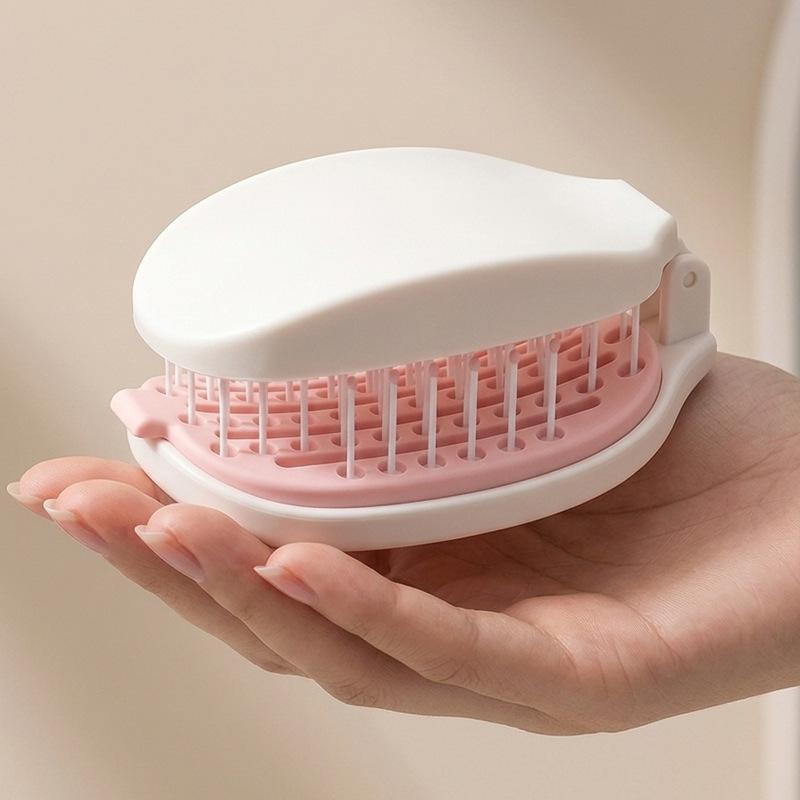 2 In 1 Travel Folding Hair Comb With Built-In Makeup Mirror One Key Hair Remover Air Cushion Detangling Scalp Massage Hairbrush