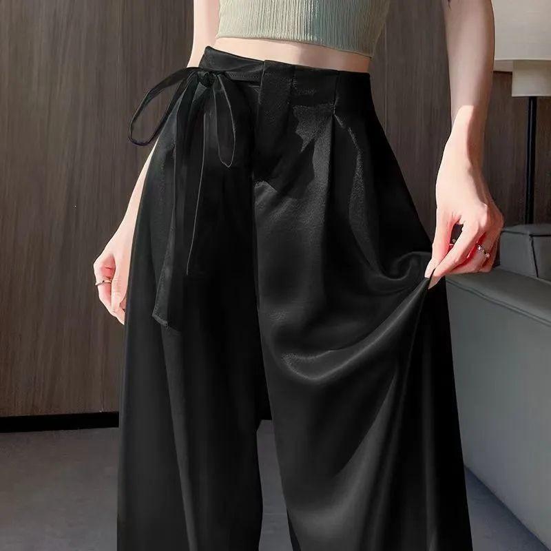 Women's Summer Acetate Satin Wide-Leg High-Waisted Pants with Tie-Up and Drape Design
