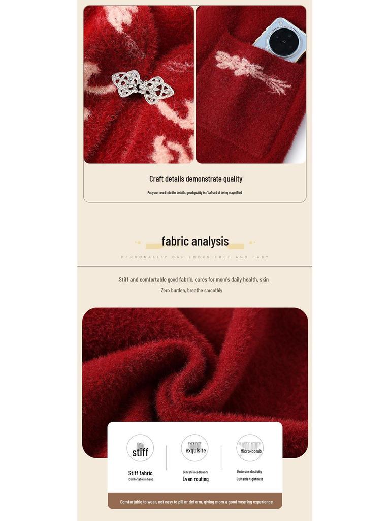 Women's Velvet Thick Coat with Half-high Collar, Winter Knit Two-piece Set for Middle-aged and Elderly Mothers