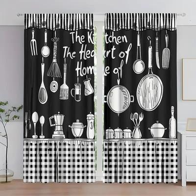 Fashionable Black and White Kitchen Pattern Printed Curtains, Window Decoration, Home Decoration, Room Decoration