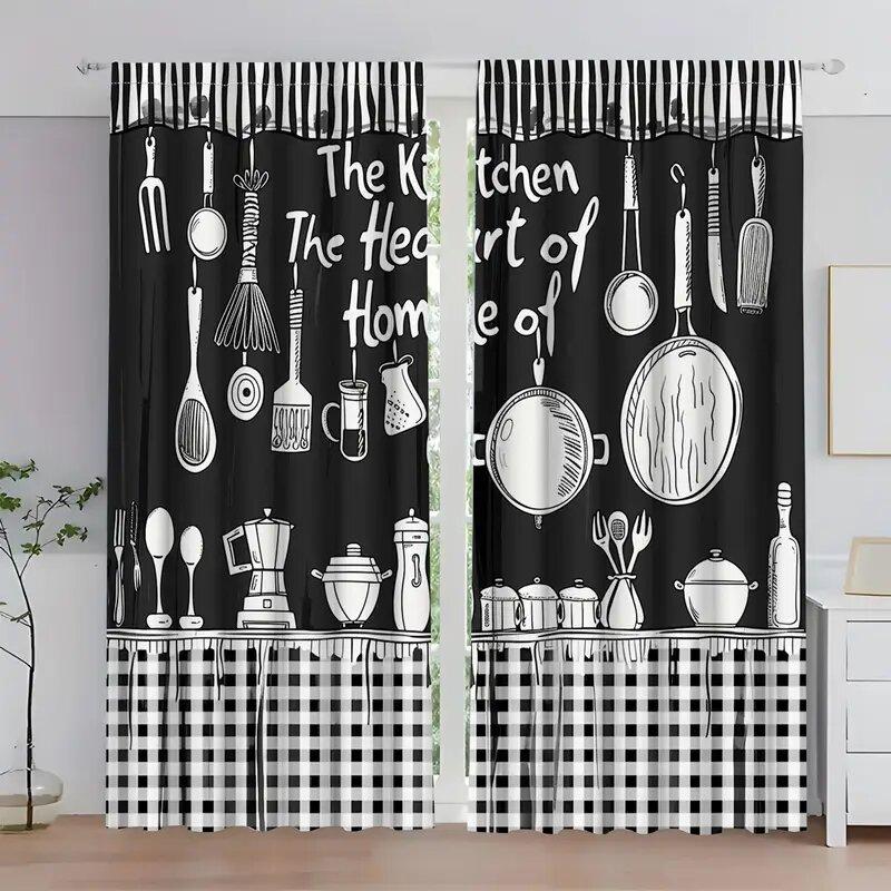 Fashionable black and white kitchen pattern printed curtains, window decoration, home decoration, room decoration