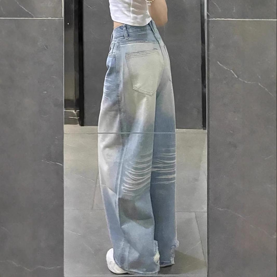 

Women s Retro Distressed Wide-Leg Jeans - High-Waist, Whitened, Loose-Fit for Spring/Summer. 4XL